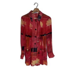 Jil Sander Tunic Shirt Womens 36 Red Silk Sheer Floral Print Button Up Italy